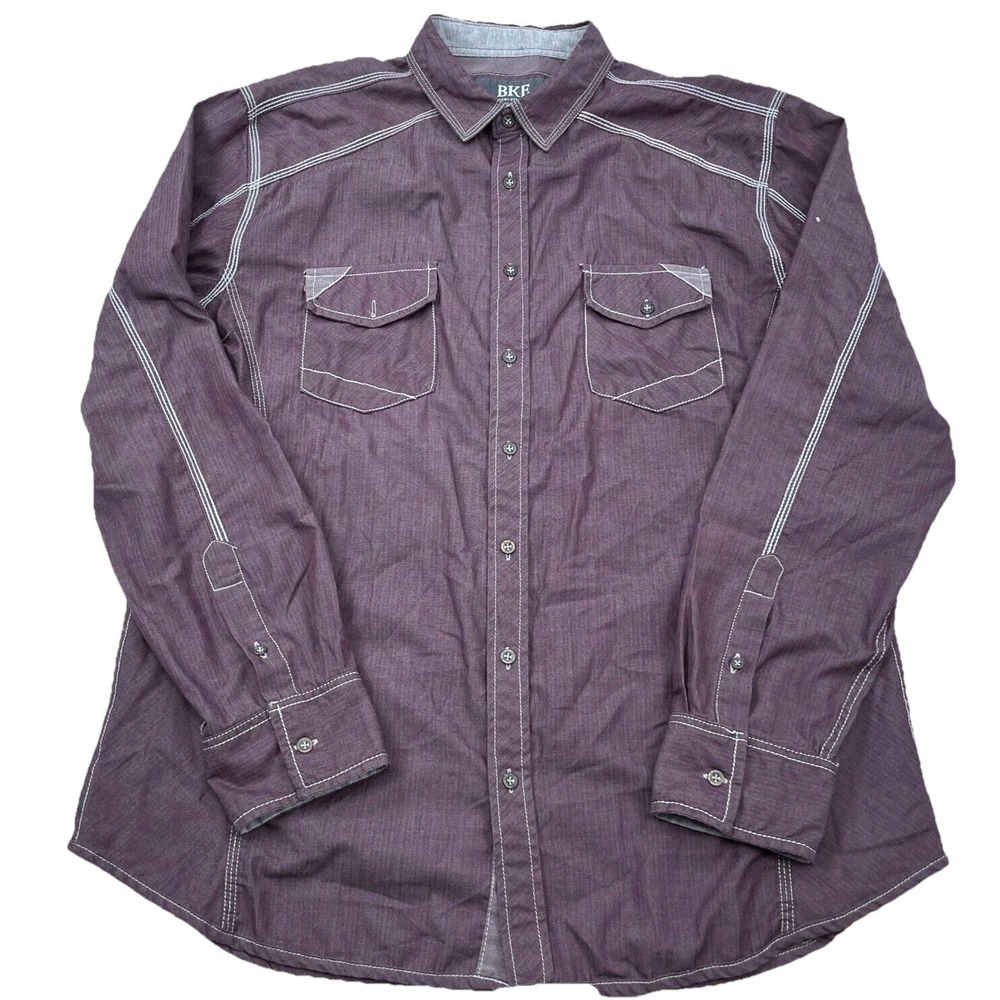 Buckle Black Shirt Men XL Maroon Gray Button Up Athletic Fit Double Pocket Dress